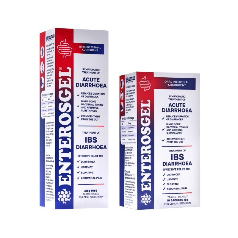 ENTEROSGEL® IBS Relief Gel Starter Kit packaging with 225g tube and 10 sachets for fast, drug-free diarrhoea and IBS symptom relief