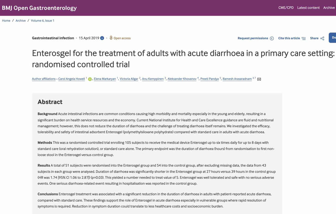 Enterosgel randomised controlled trial for acute diarrhoea in adults BMJ Open Gastroenterology 2019 - Arasaradnam Pandya Howell significant reduction in diarrhoea duration