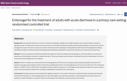 Enterosgel randomised controlled trial for acute diarrhoea in adults BMJ Open Gastroenterology 2019 - Arasaradnam Pandya Howell significant reduction in diarrhoea duration
