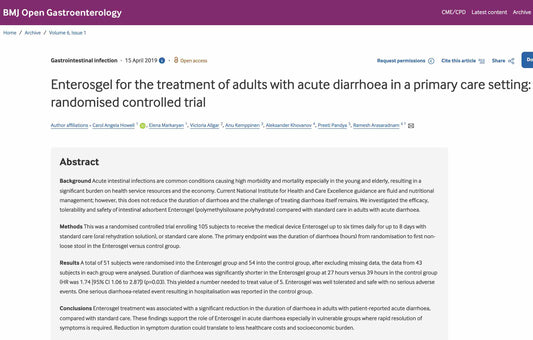 Enterosgel randomised controlled trial for acute diarrhoea in adults BMJ Open Gastroenterology 2019 - Arasaradnam Pandya Howell significant reduction in diarrhoea duration