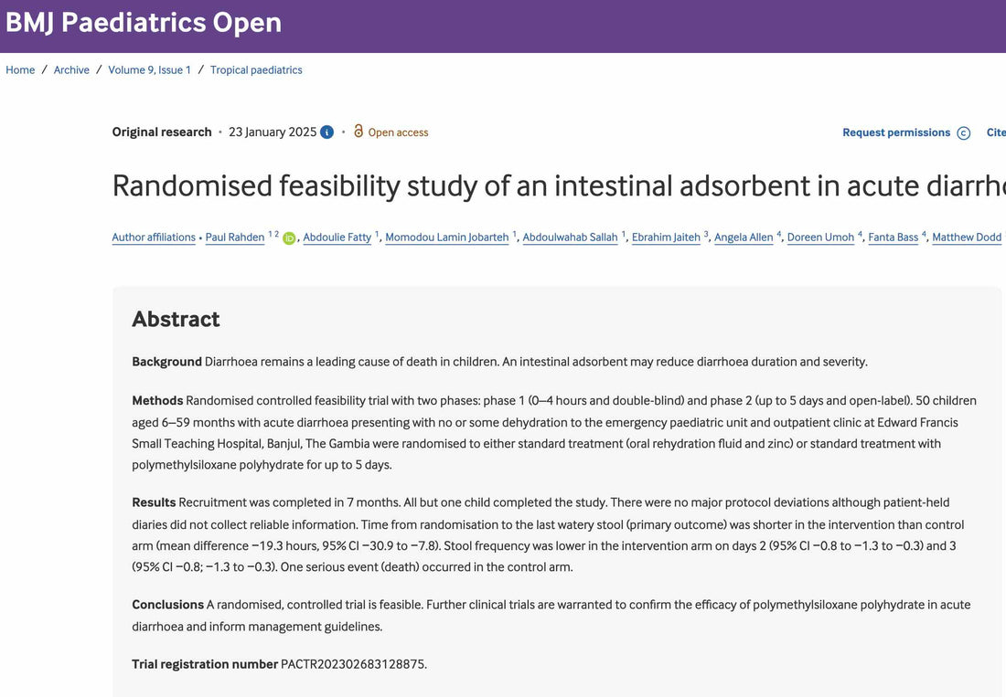 Enterosgel randomised feasibility study acute diarrhoea children under 5 The Gambia BMJ Paediatrics Open 2025 Allen Rahden significant reduction diarrhoea duration