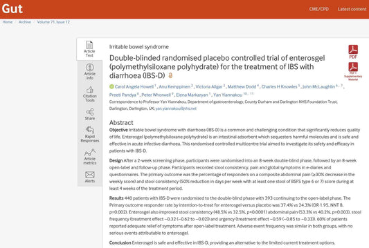 Enterosgel RELIEVE IBS-D randomised controlled trial published in GUT journal 2022 - 76% of patients reported adequate symptom relief
