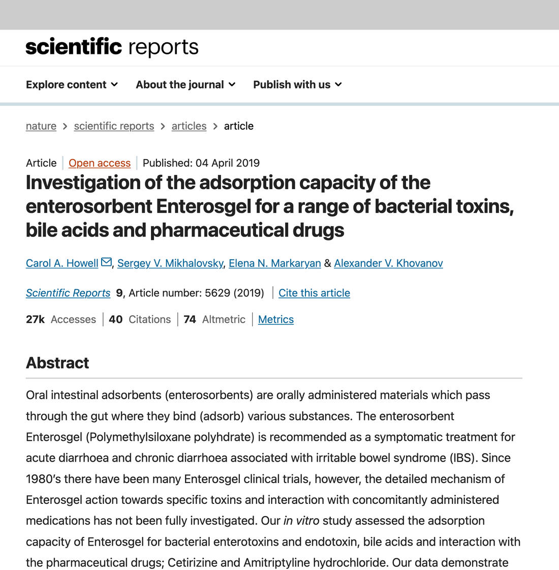 Enterosgel adsorption capacity bacterial toxins bile acids pharmaceutical drugs Scientific Reports Nature Portfolio 2019 Howell Mikhalovsky