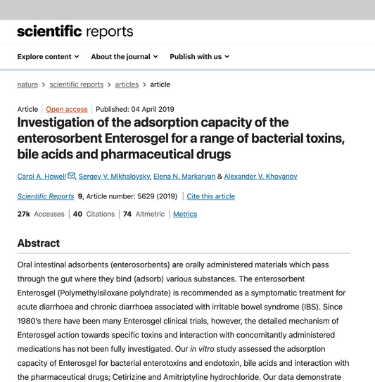 Enterosgel adsorption capacity bacterial toxins bile acids pharmaceutical drugs Scientific Reports Nature Portfolio 2019 Howell Mikhalovsky