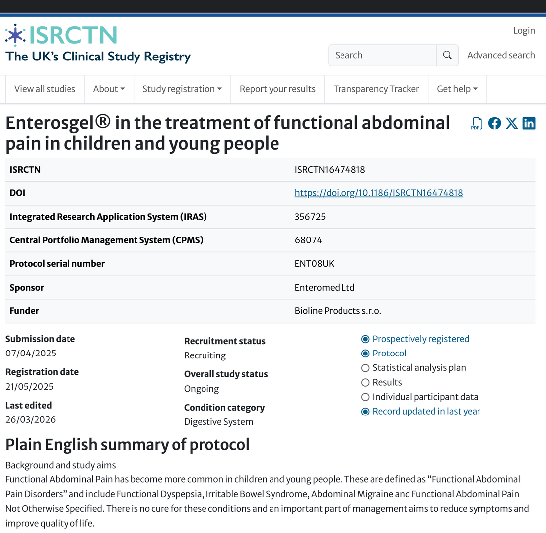 ENTOPIC RCT Enterosgel clinical trial children functional abdominal pain disorder IBS ISRCTN16474818 Alder Hey NHS Bristol Royal Hospital 2026