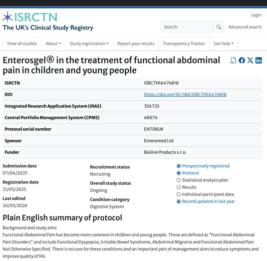 ENTOPIC RCT Enterosgel clinical trial children functional abdominal pain disorder IBS ISRCTN16474818 Alder Hey NHS Bristol Royal Hospital 2026