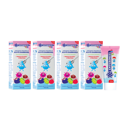 Five boxes of Enterogel Acute Diarrhoea Treatment on a white background