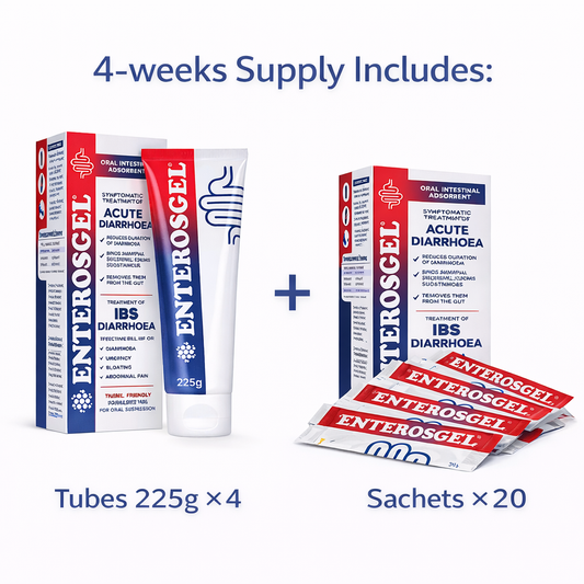 ENTEROSGEL Full IBS Treatment Plan includes 4 tubes 225g and 2 packs of sachets (20) for on-the-go diarrhoea relief