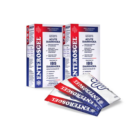 Boxes and packets of Enterosgel on a white background