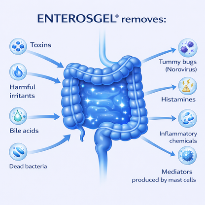 ENTEROSGEL is proven to remove toxins, bile acids, histamines, products of mast cells activation, dead bacteria, immune chemicals, inflammatory molecules