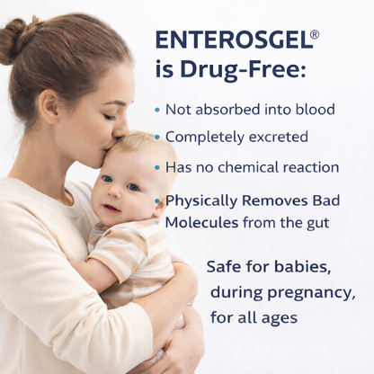 Drug-free ENTEROSGEL means no chemical reaction, no absorption,  acts physically, safe for babies and during pregnancy