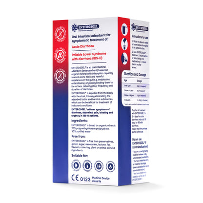 Enterogel packaging with text and branding on a white background