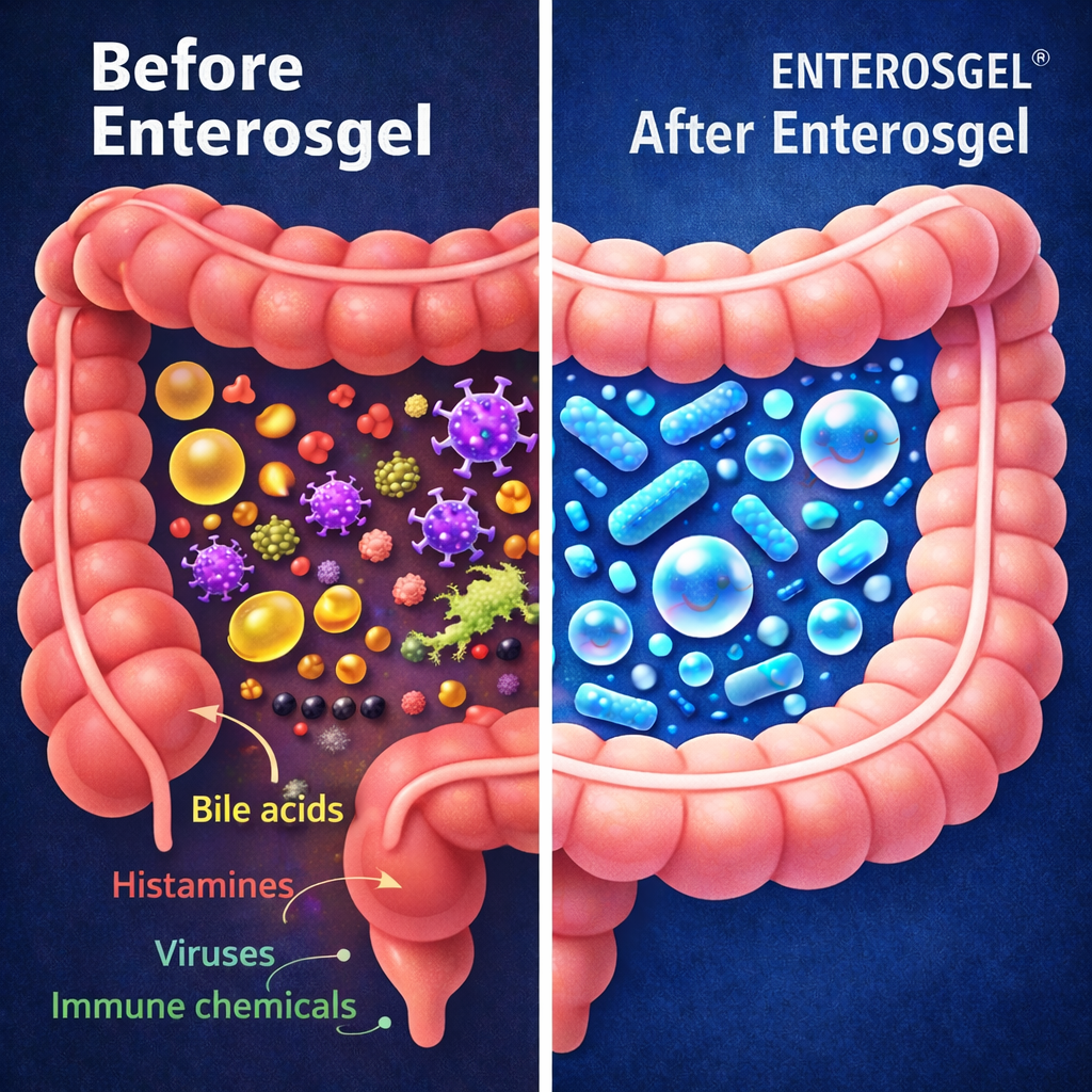 bile acids, toxins, inflammatory chemicals - all adsorbed by enterosgel and removed from your gut
