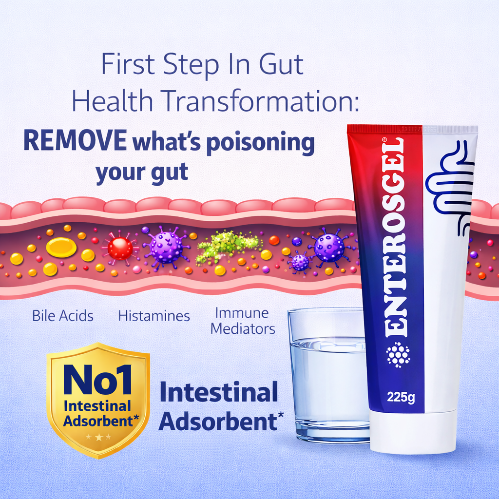 ENTEROSGEL removes what's poisoning your gut. Before probiotics use adsorbents