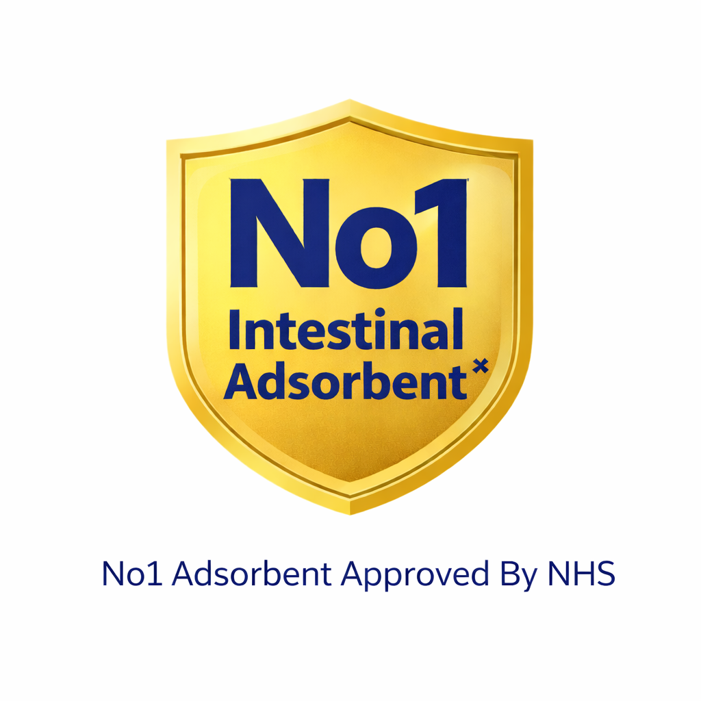 Gold shield badge with 'No1 Intestinal Adsorbent' text on a white background